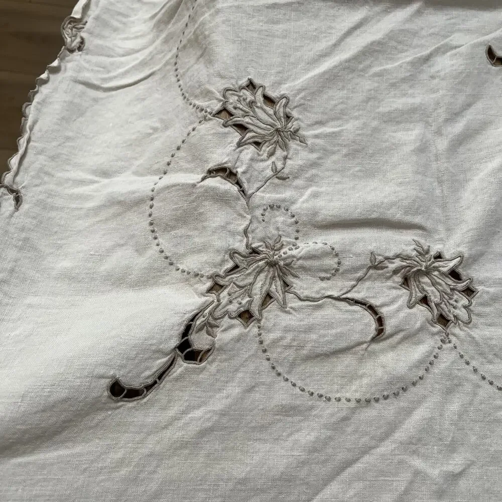 Vintage Floral Embroidery Tan Linen Tablecloth Scalloped Edges 73 x 54